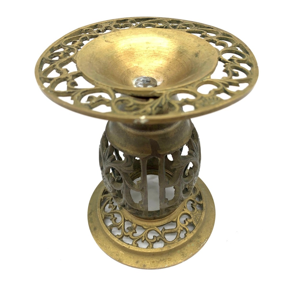 Vintage Brass Candlestick Holder Gold Filigree Open Work Ornate Pedestal MCM
